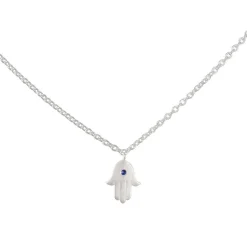 Tashi - Tiny Hamsa Necklace with Sapphire in Brushed Sterling Silver