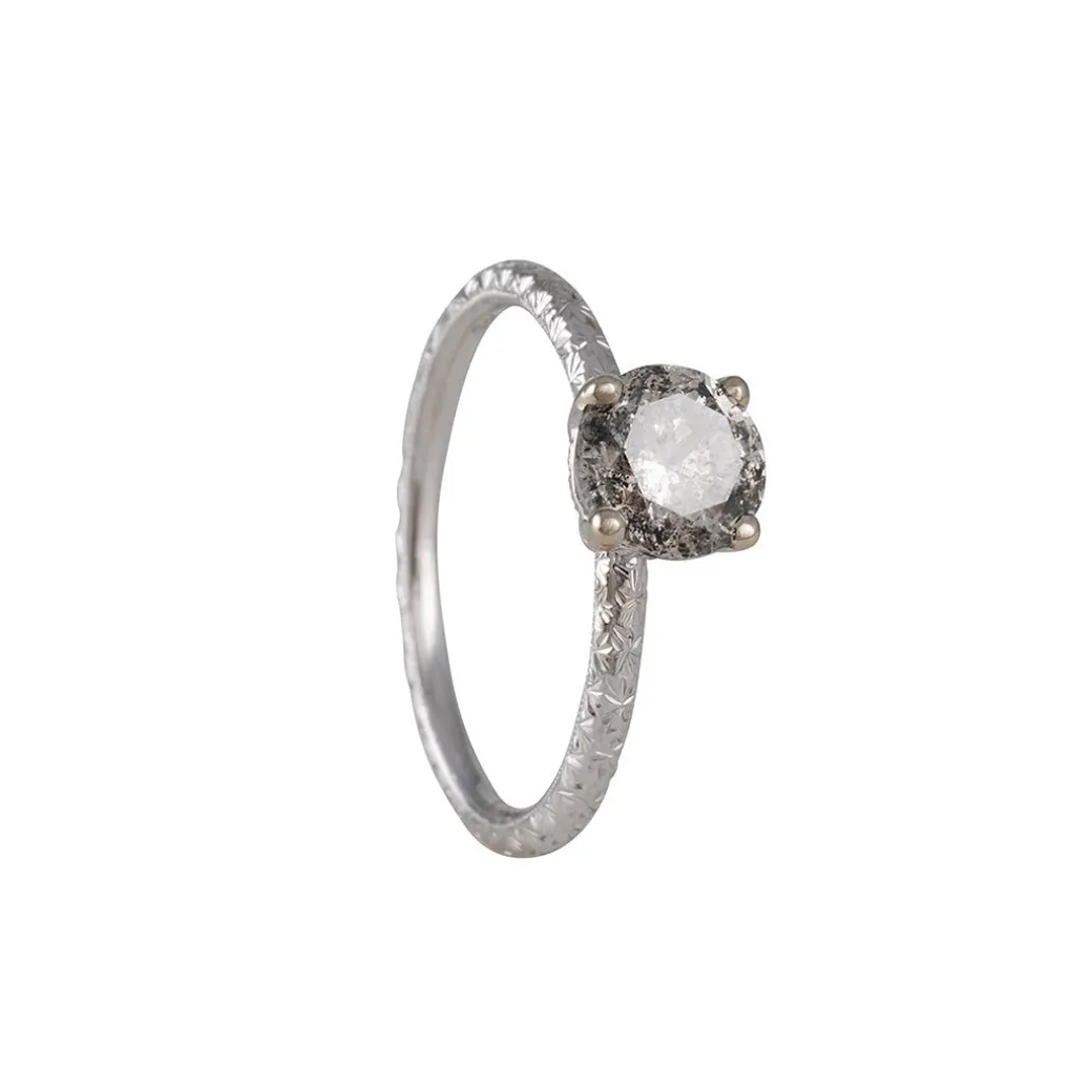 Varna - 1.27ct Salt & Pepper Diamond Ring With Hand Engraving in 18k white gold
