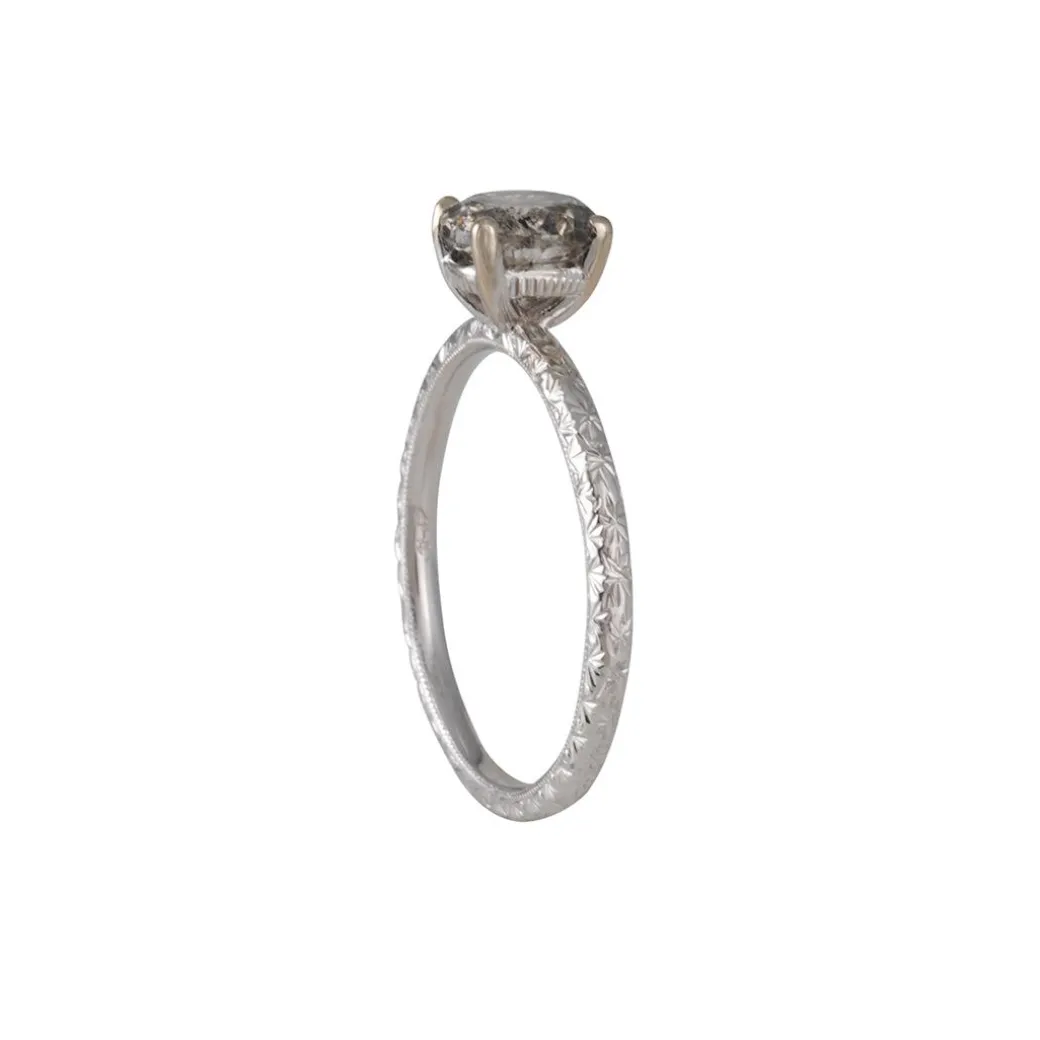 Varna - 1.27ct Salt & Pepper Diamond Ring With Hand Engraving in 18k white gold